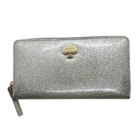 Kate Spade New York Wallet Silver Glitter Zip-Around Silver Metallic Spade Logo - Picture 1 of 14